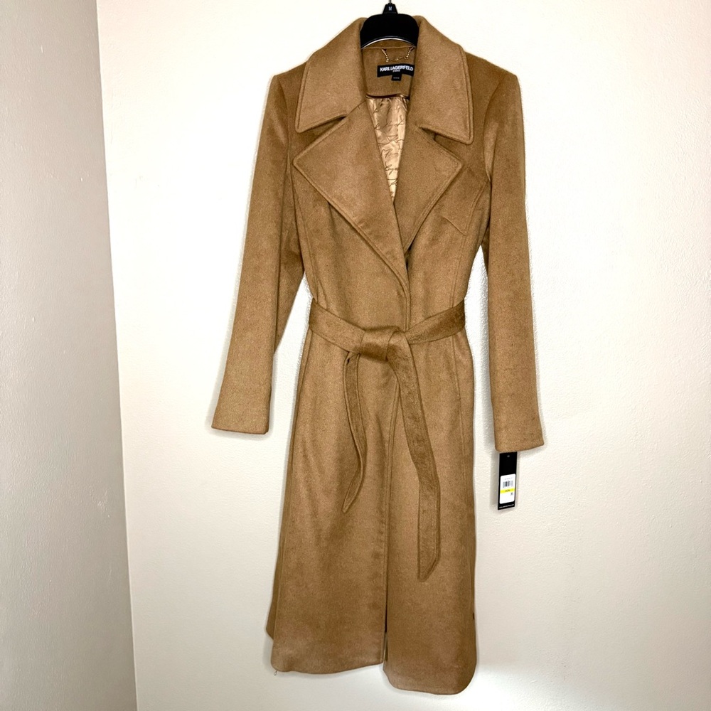 KARL LAGERFELD PARIS Camel Tan Midi Long Wool Blend Wrap Coat - Sz Medium, NWT - Picture 4 of 14